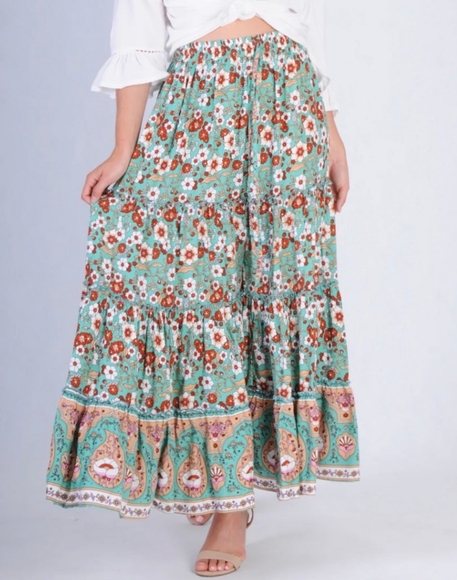 JAR OF HEARTS Boho Lover Aqua Turquoise Floral High Waisted Tiered Maxi Skirt - Picture 8 of 16